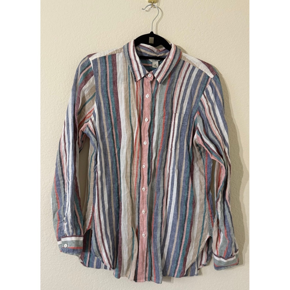 L.L.Bean Striped Linen Button Down Shirt Womens Medium Long Sleeve Bohemian